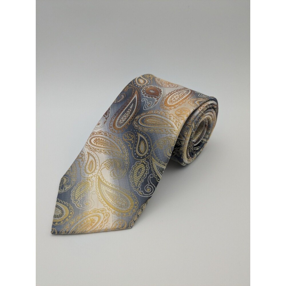 Stacy Adams Mens Tie Gray Gold Paisley 100% Microfiber 59" Jacquard Necktie